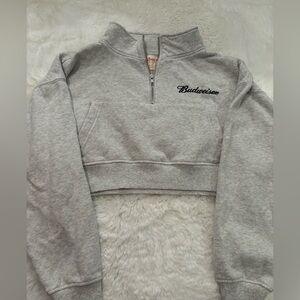cropped heather grey budweiser quarter zip sweatshirt